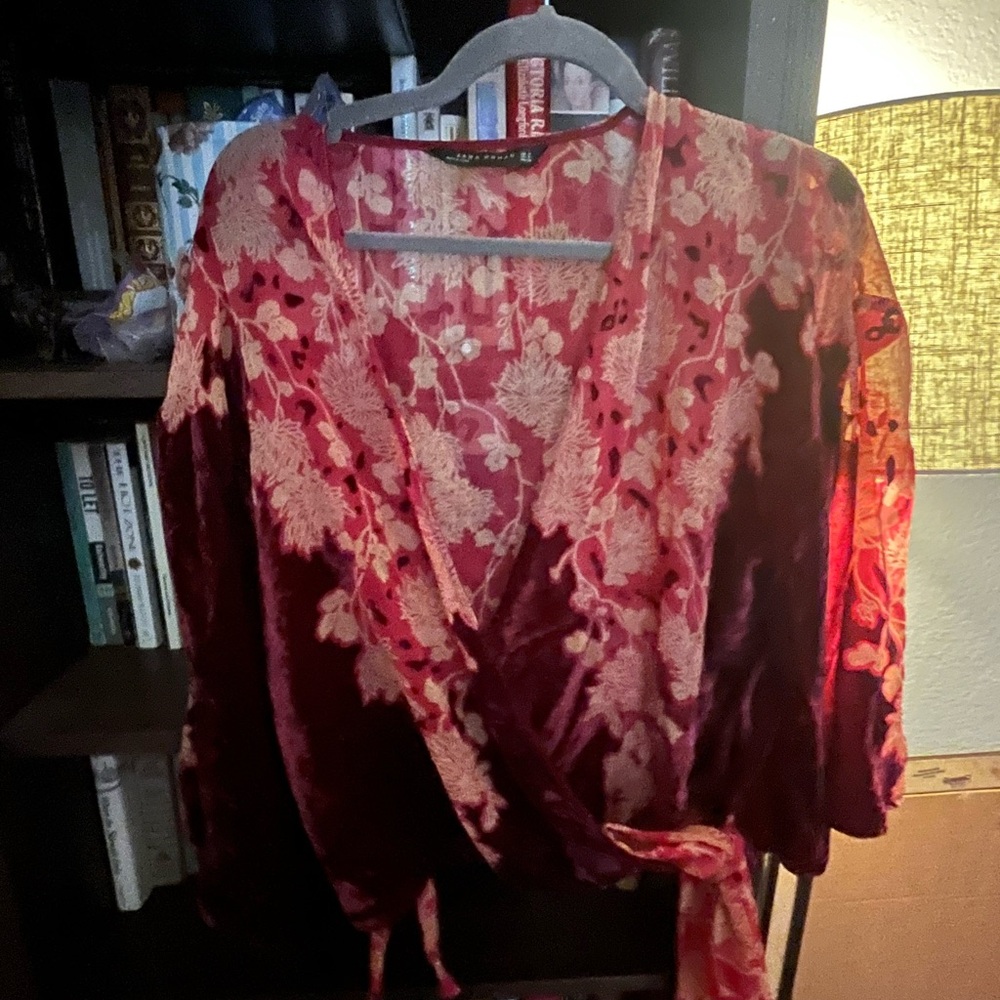 Zara Red and Pink Floral Wrap Blouse